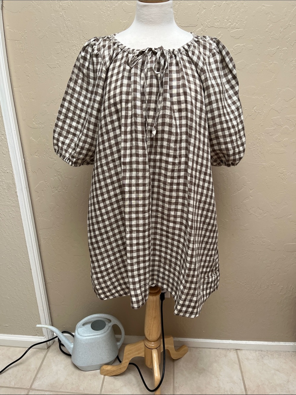 notPERFECTLINEN Mari Puff Sleeve Dress, Lightweight Chocolate Gingham, M, NWOT